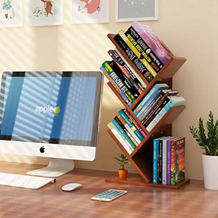 WAYERTY Tree Desktop Bookshelf Storage Rack,standing Book Organizer Shelf Simple Open Study Organizer Bookcase Office Home Decor Space Brown 31x1