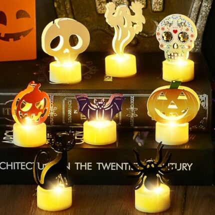8 Pcs Halloween LED Tea Lights Candle Cute Pumpkins Bats Ghosts Skeletons Halloween LED Light Battery Operated Halloween Decoration for Halloween