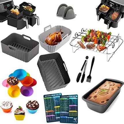 Ninja Air Fryer Accessories (10Pcs), 3 Ninja Air Fryer Silicone Liners Reusable Baskets, Ninja Air Fryer Rack to Grill, 9 Muffin Cupcake Molds, B