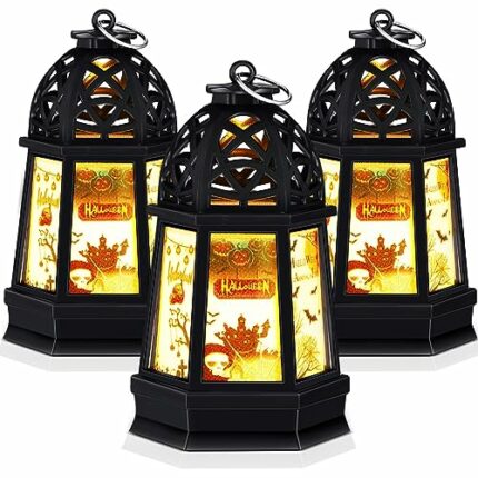Weewooday 3 Pieces Halloween Lantern LED Night Light Pumpkin Castle Decorative Candle Lanterns Halloween Hanging Wind Lamp Battery Operated Hallo