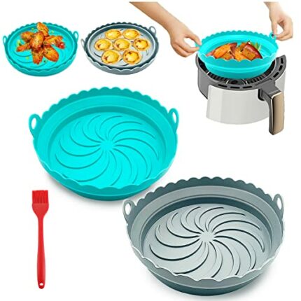 2 Pack Foldable Air Fryer Silicone Pot, 7"Reusable Silicone Air Fryer Liners with 1Pcs Brush, Greaseproof Airfryer Basket Rack Accessories, Repla