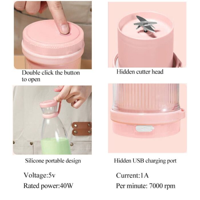 Fresh Juice Blender Bottle, 350ml Multifunctional Portable Blender Bottle, Rechargeable Portable Blender Travel Mixer Cup with Six Blades for Smo