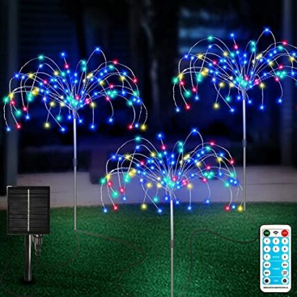 Solar Garden Lights Outdoor 3 Pcs Solar Fireworks Garden Lights Solar Lamp with Remote Control 8 Modes 120 LEDs Waterproof Outdoor Lamp Garden Li