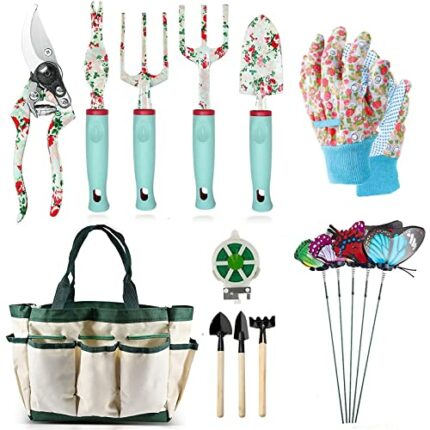Gardening Tools Set，12 Piece Floral Garden Hand Tool Gift Kits Gardening Gifts for Women & Men, with Pruning Shears & X-Large Handle Storage Tote
