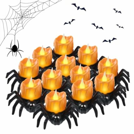 TOKIISHE Halloween Pumpkin Spider Tea Lights, 12 Pcs Halloween Flameless Candles with LED Candles, Spider Night Light Warm White for Indoor Outdo