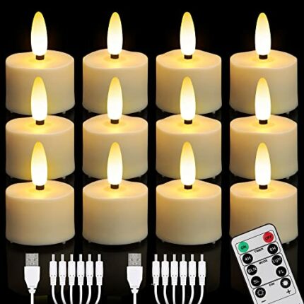 FREEPOWER 12pcs Rechargeable LED Tea Lights Flickering with Remote Control and Timer Dimmable Warm White Flameless Candles with 2 USB Charging Ca