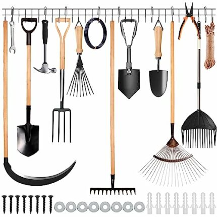 BELLE VOUS 4-Piece Garden Tool Organiser Rack - 40.5cm/16 Inches - Heavy-Duty Wall-Mounted Tool Holder for Garden/Yard Tools, Shovels, Rakes, Bro