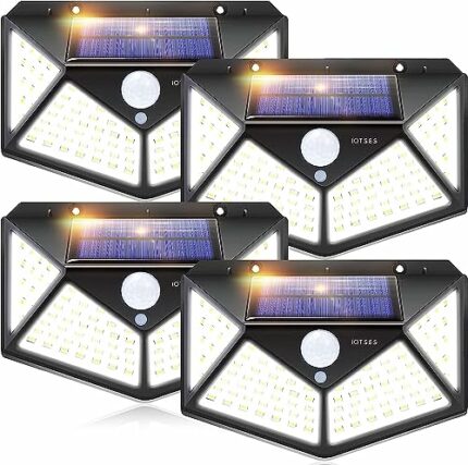IOTSES 【4 Pack Solar Security Lights Outdoor, Upgraded 270° Wide Angle 3 Modes 100 LED Solar Powered Motion Sensor Wall Lights, IP65 Waterproof W