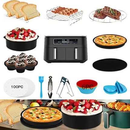 Rilime 13Pcs Air Fryer Accessories for Ninja Foodi AF300UK, AF400UK, 8in Air Fryer Set with Pizza Pan, Egg Mold Paper Lining Metal Holder Rack 5.