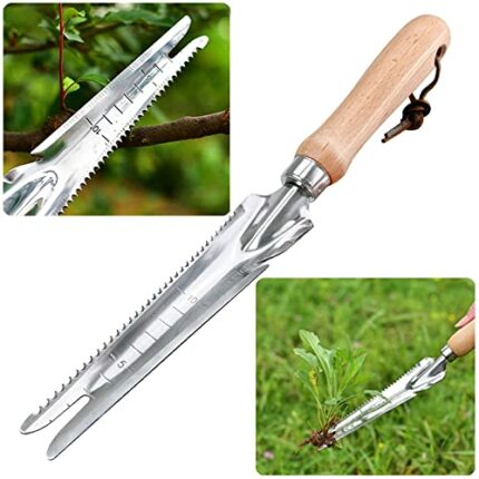 Garden Tools Multifunctional Manual Weeder Wooden Handle Weeding Tool, Stainless Steel Weeder with Measure, Mower Tool, Weed Puller, Weeder Shove