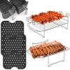 2PCS Air Fryer Double Layer Grilling Rack with 4 Skewers, Multi-purpose Dual Air Fryer Accessories, Stainless Steel for Barbecue, Roasting Oven (
