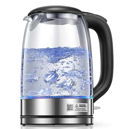 Kettle Electric, 1.7L Glass Kettle with Stainless Steel Filter & Inner Lid, Wide Opening, Auto Shut Off & Boil Dry Protection, LED Indicator, 220