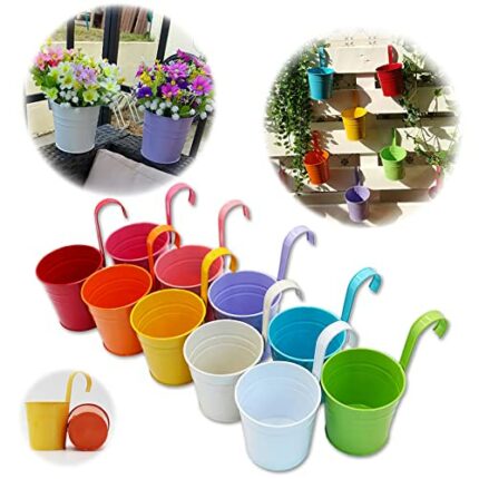 GIOVARA Metal Flower Pot Vase Bucket Hanging Garden Planter without Drainage Hole, Balcony Home Decor, Detachable Hook (10 Pcs with Assorted 10 C