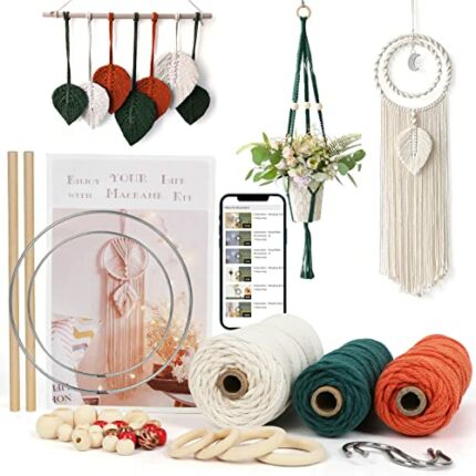 UHAPEER DIY Macrame Kit, 656 Feet Macrame Cord Kit for Beginners Adults with Instructions, Natural Cotton, Wood Rings, Wood Sticks, Colour Beads,