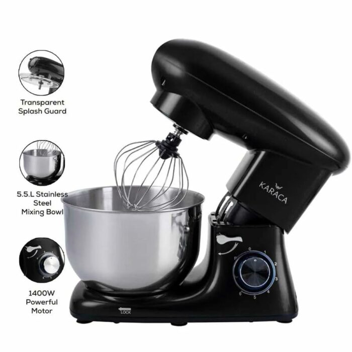 KARACA Multichef Kitchen Machine, Electric Stand Mixer Black 1400W, 6 Speed Dough Machine with Whisk, Dough Hook, Splash Guard, Schlager, Hand Mi