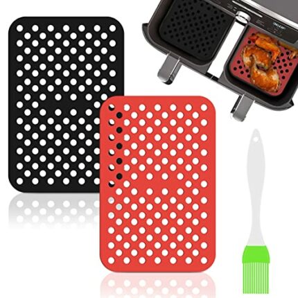 Air Fryer Liners Reusable 2pcs, Double Basket Silicone Air Fryer Liners Mat with Brush for Ninja for Dual for Ninja for Foodi Non-Stick Air Fryer