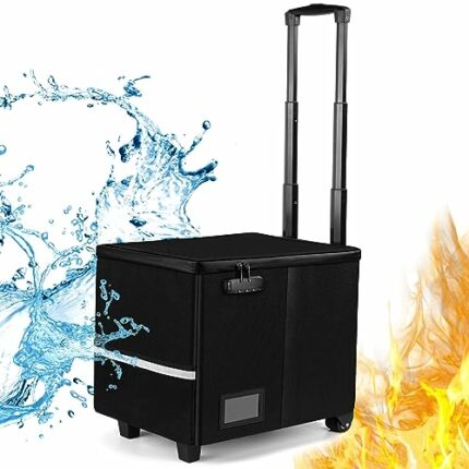 Fireproof File Box with Wheels and Telescopic Handle, Foldable Utility Cart Folding Portable Rolling Crate, Fireproof Document Organizer File Cab