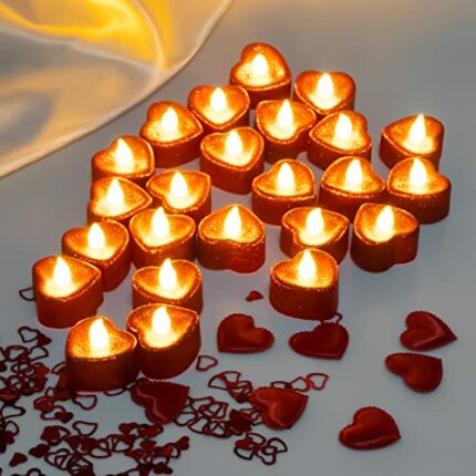 Heart-Shaped Candle Lights, 24 PCS Romantic and Bright Red Candle Lamp, Battery Operated Flameless Tea Light Candles, LED Tea Lights for Wedding,
