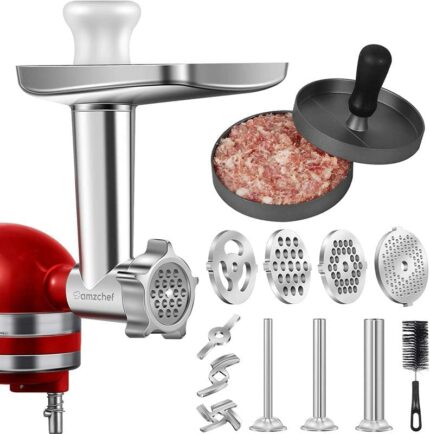 Metal Meat Grinder Accessory for Kitchenaid Stand Mixer, AMZCHEF Meat Mincer Attachment Included 3 Sausage Stuffer Tubes, 4 Grinding Plates, 1 Bu