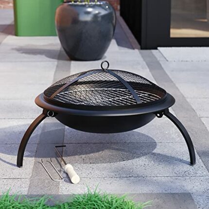 Fire Vida Fire Pit Steel Folding Outdoor Garden Patio Heater Grill Camping Bowl BBQ With Poker, Grill, Mesh Lid, Grate