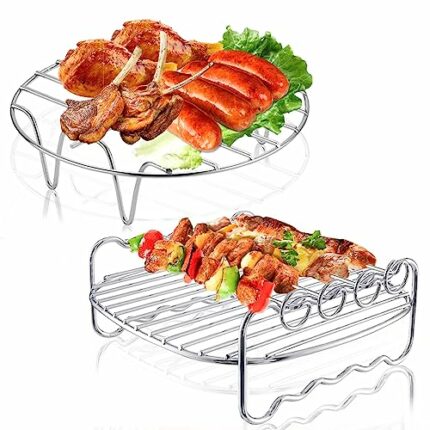 Ledeak 2 Pack Air Fryer Rack, 304 Stainless Steel Grilling Rack with 4 Barbecue Sticks, Air Fryer Double Layer Rack Stands Multi-purpose Wire Rac