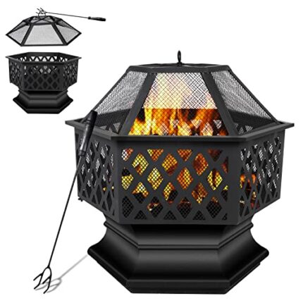 Buycitky Fire Pits for Outdoor Garden Large 3 in 1 Hexagon Firepit BBQ Grill, Ice Pit, Outside Heater, Metal Brazier Fire-pit and Firebowl for Ca