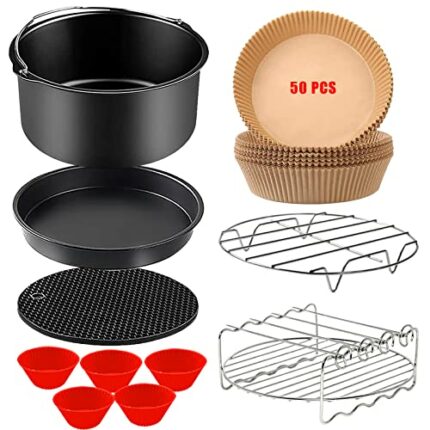 moleath 8inch Air Fryer Accessories, 11PCS Air Fryer Accessory Set with 50PCS Paper Liner, Cake Barrel, Pizza Pan, Air Fryer Racks Compatible for