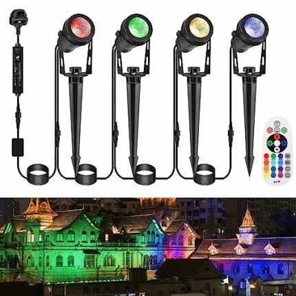 GreenClick Garden Spot Lights, Color Changing Garden Lights Mains Powered Waterproof, RGB Outdoor Spotlight Plug-in Outside Lights, 12V Timer Mem