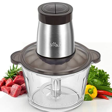 Bear 2L Food Processors 300W Electric Vegetable Chopper Glass Container with 4-304 Stainless Steel Knife for Meat, Smoothie, Onions, Fruit, Veget