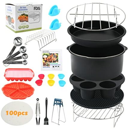 MaxEarn 17Pcs 7 Inches Air Fryer Accessories Set, General Air Fryers Accessory with Cake Basket, Pizza Pan, Skewer Rack, Waffle Mold, for Over 3.