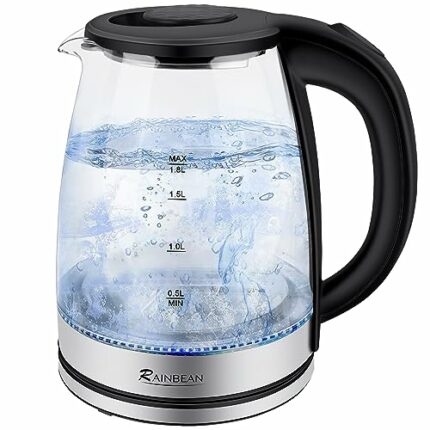 RAINBEAN Electric Kettle Water Boiler, 1.8L Electric Tea Kettle, Hot Water Boiler with LED Light, Auto Shut-Off & Boil Dry Protection, Glass Blac