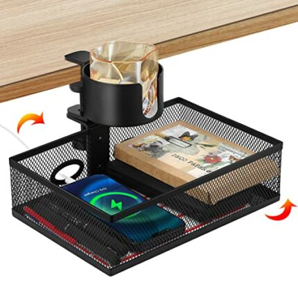 Augot 360 ° Rotary Under Desk Drawer with Cup Holder, 2 in 1 Desk Drawer Organizer Tray Anti-Spill Desk Cup Holder & Storage Rack Punch Free Meta