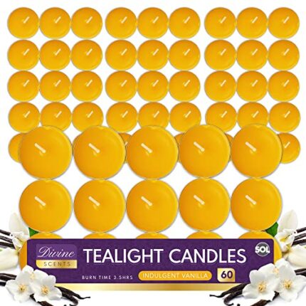 60pk Vanilla Tea Lights | Vanilla Tea Lights | Tea Light Candles | Long Burning Tealights | Scented Tea Light Candles | Vanilla Scented | Tea Lig