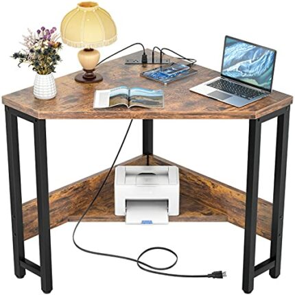 armocity Corner Desk Small Desk with Outlets Corner Table for Small Space Industrial Computer Desk with USB Ports Triangle Desk with Storage for