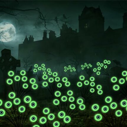WINUSD Halloween Decorations Outdoor Lights, Scary Solar Halloween Eyeball Lights, 2 Pack 16LED Solar Green Eyeball Swaying Firefly Lights, Hallo