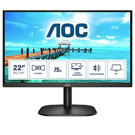 AOC 22B2H - 22 inch FHD Monitor, 75Hz, VA, 7ms Frameless design, Tilt, lowBlue Mode, Flicker Free (1920 x 1080 @ 75Hz, HDMI/VGA)