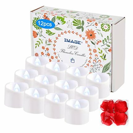 IMAGE Tea Lights 12Pcs LED Tealight Candles with Timer Flickering Battery T-Lights with 100pcs Decorative Fake Rose Petals for Christmas Hallowee