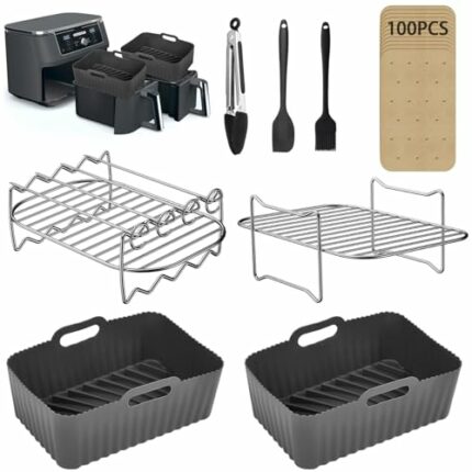 Ninja Air Fryer Accessories, 2Pcs Air Fryer Rack for Grill, Dehydrate, Silicone Air Fryer Liners, Disposable Paper Liner for Ninja Dual AF300UK A