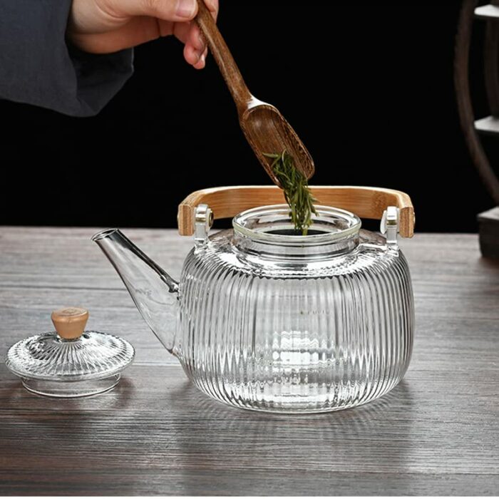 Cosy-YcY 1000ml Glass Teapot with Glass Infuser, Teapot with Filter Coil for Loose Tea, Safe On Stovetop, Tea Pot with Bamboo Handle (1000ml Glas