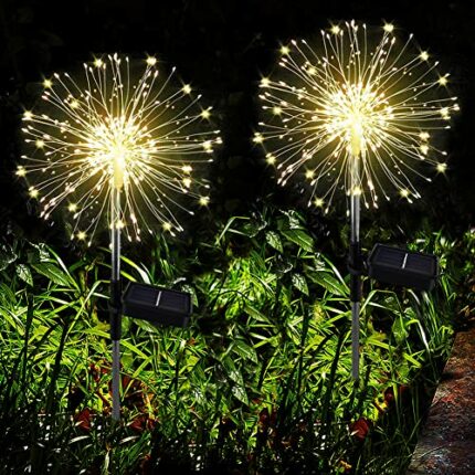 Joycome Firework Solar Lights 2 Pack 120 LED Outdoor Garden Lights, 8 Modes Solar Powered Firefly Lights Waterproof Starburst Garden Stake Lights