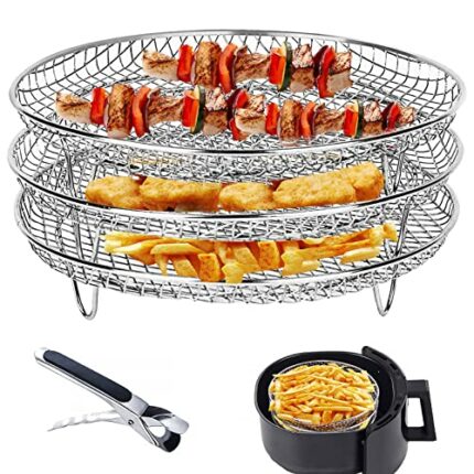 Air Fryer Rack for Ninja Air Fryer, 3 Stackable Round Dehydrator Racks with Clips, Stainless Steel Air Fryer Basket Tray, Air Fryer Accessories f