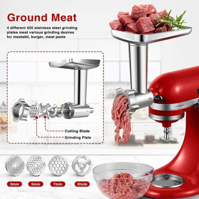 Metal Meat Grinder Accessory for Kitchenaid Stand Mixer, AMZCHEF Meat Mincer Attachment Included 3 Sausage Stuffer Tubes, 4 Grinding Plates, 1 Bu