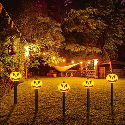 BBTO 5 Pcs Pumpkin Garden Stake Lights Outdoor LED Halloween Decorations Solar Lawn Floor Landscape Yard Stakes Lighted Plastic Stakes, White, On