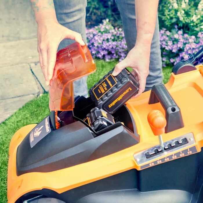 LawnMaster 48V 41cm Cordless Lawnmower with Spare MX 24V 4.0 Ah Batteries and 2x Fast Chargers - with Edging Comb, Rear Roller and Mulching Funct
