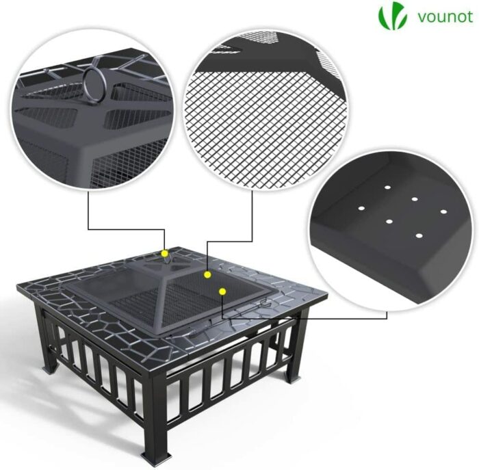 VOUNOT Fire Pit Table with Grate Shelf, 3 in 1 Square Firepit for Heater, Ice Pit, Camping Metal Brazier for Garden Patio Outdoor, with Waterproo