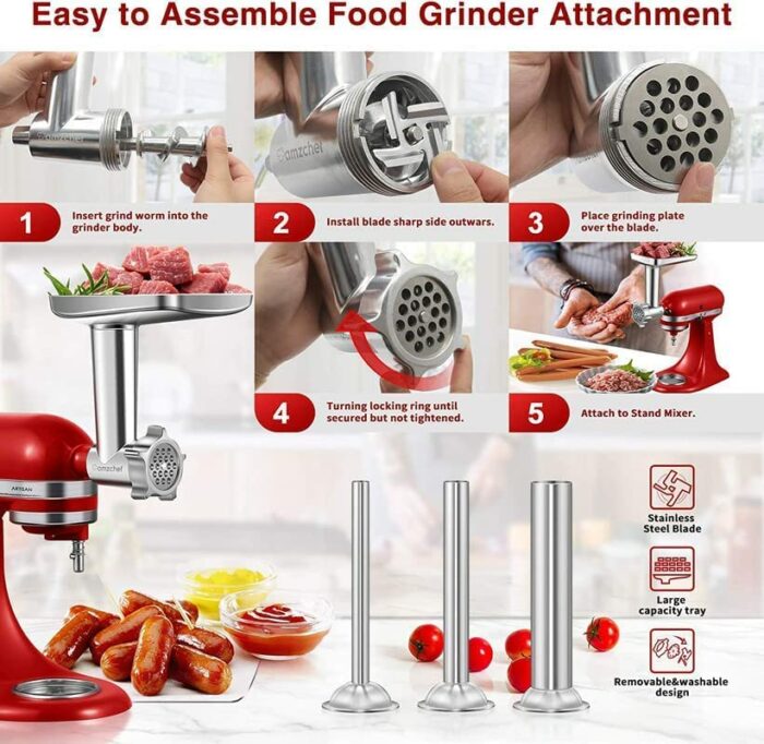Metal Meat Grinder Accessory for Kitchenaid Stand Mixer, AMZCHEF Meat Mincer Attachment Included 3 Sausage Stuffer Tubes, 4 Grinding Plates, 1 Bu