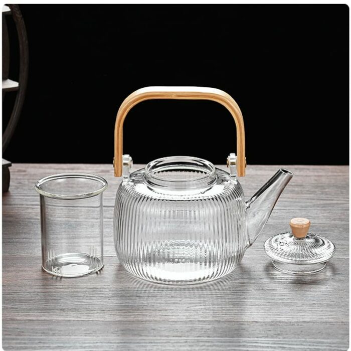 Cosy-YcY 1000ml Glass Teapot with Glass Infuser, Teapot with Filter Coil for Loose Tea, Safe On Stovetop, Tea Pot with Bamboo Handle (1000ml Glas