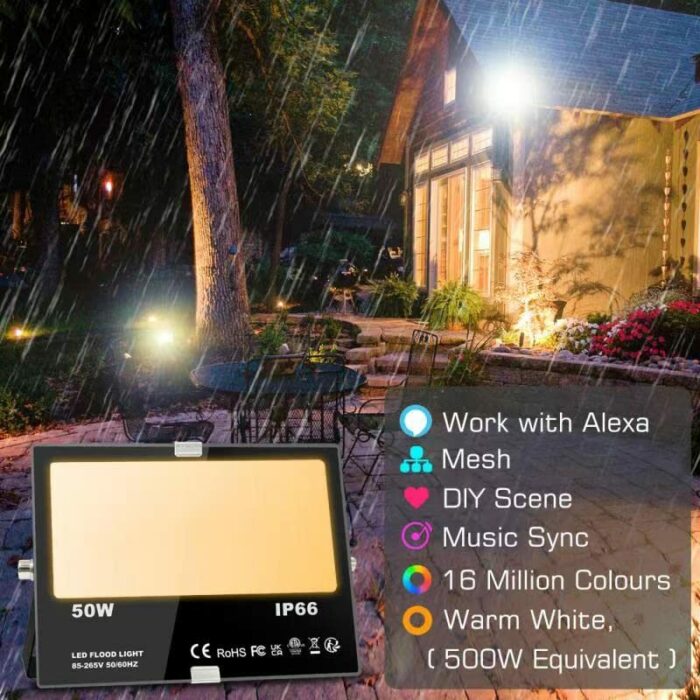 Flood Lights Outdoor With Alexa, Smart LED Floodlight Colour Changing 500W Equivalent 5000LM, Bluetooth APP Control, Warm White+1600 Million RGB