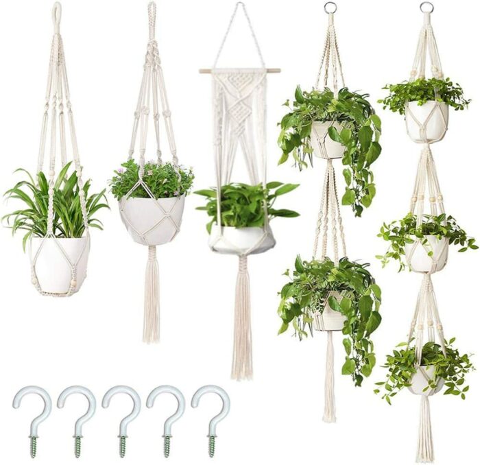 GUDELAK 5 Pack Macrame Plant Hanger Outdoor Indoor Hanging Planters + 5 Hooks, Hanging Plant Holder Basket Decorative Macromay Plant Hanger for B
