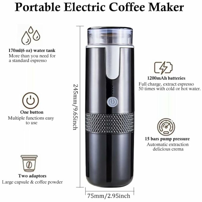 Portable Coffee Maker, 170ml(6oz) Electric Coffee Machine, Espresso Coffee Powder Capsule USB Rechargeable Small Travel Coffee Maker for Outdoor